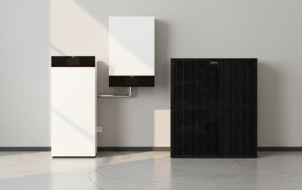 Drei moderne Heizsysteme stehen in einem hellen Raum. Die Geräte sind in neutralen Farben (Weiß und Schwarz) gehalten und repräsentieren fortschrittliche und energieeffiziente Heizlösungen für Privathaushalte. viessmann_vitodens